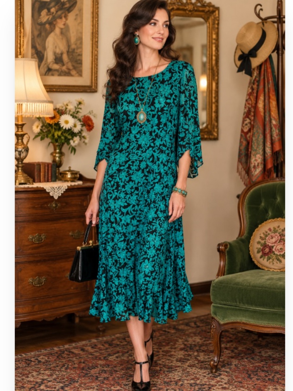 Vintage Rabbit Designs Elegant Teal Floral Dress Womens Long dress